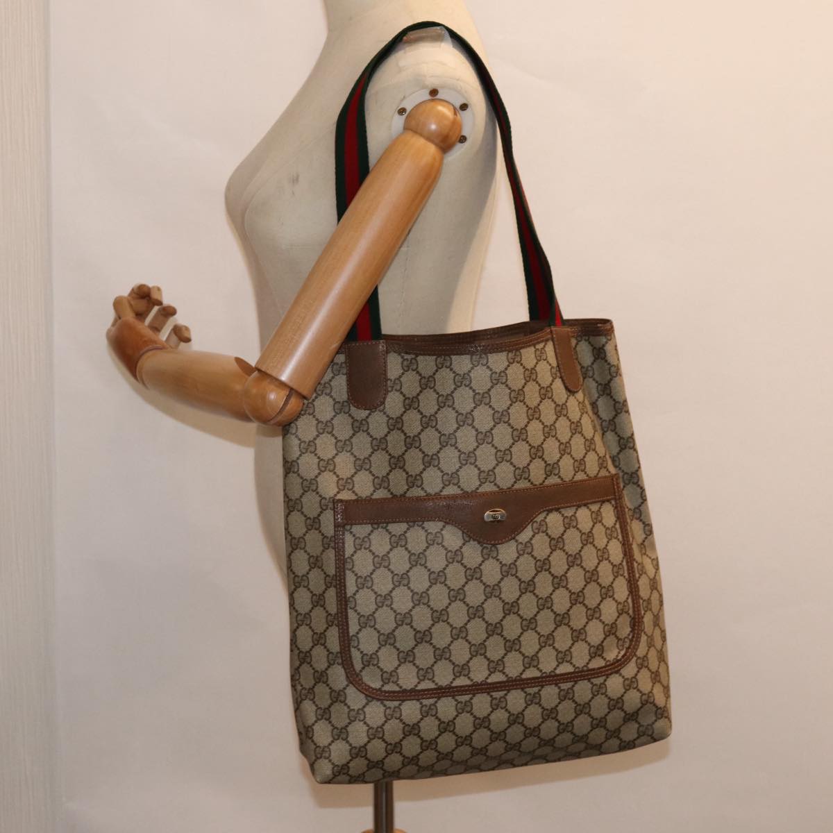 GUCCI GG Supreme Web Sherry Line Tote Bag PVC Beige Red 39 02 003 Auth 88151