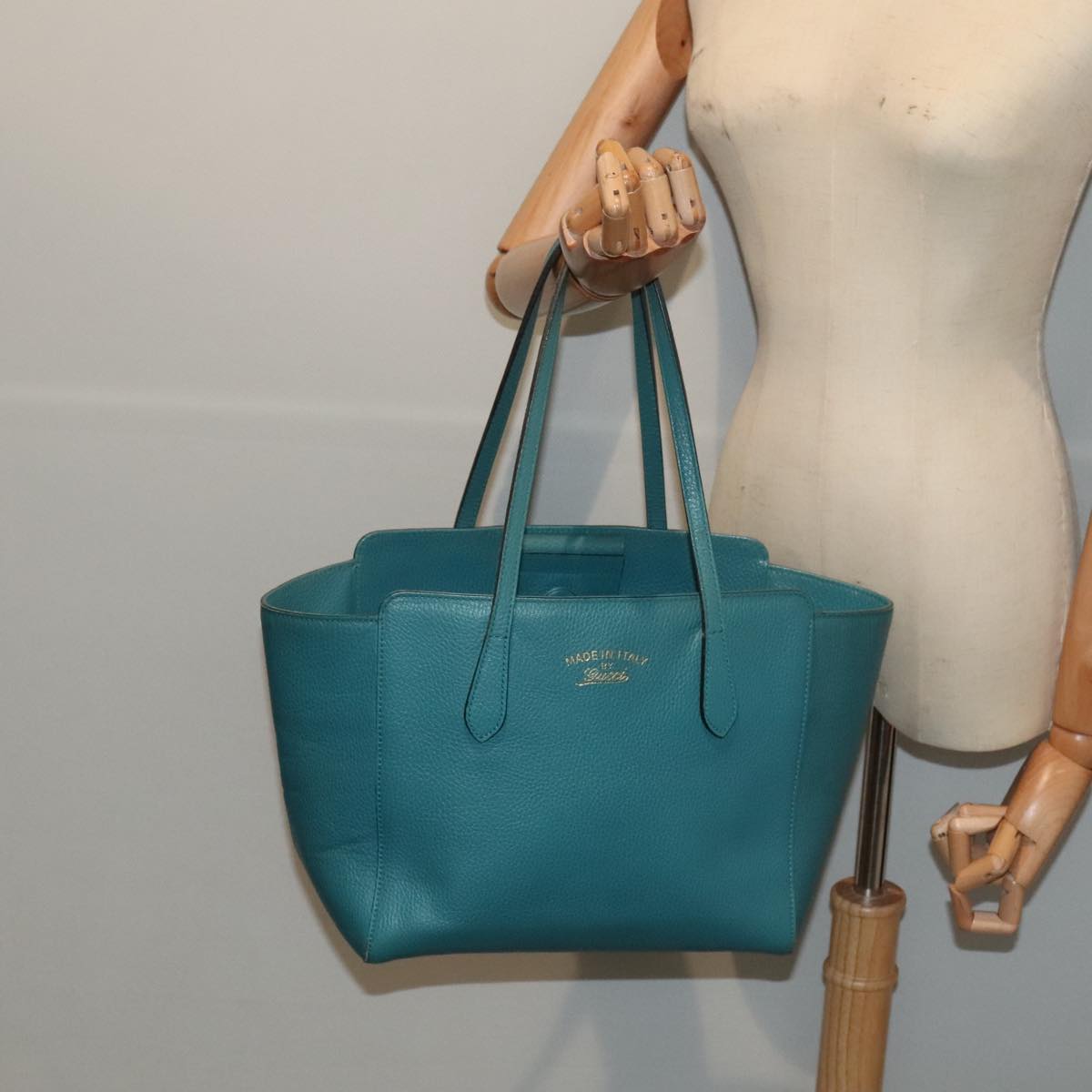 GUCCI Tote Bag Leather Turquoise Blue Gold 354408 Auth 88161