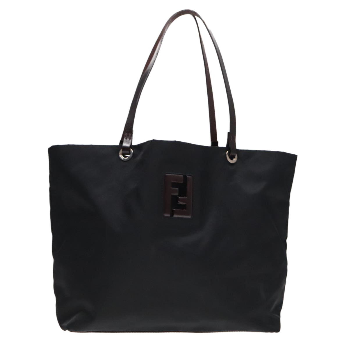 FENDI Tote Bag Nylon Leather Black Dark Brown Silver Auth 88189 - 0