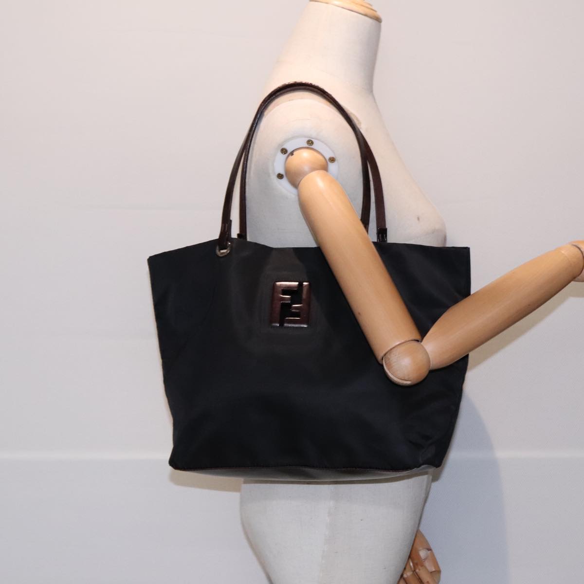 FENDI Tote Bag Nylon Leather Black Dark Brown Silver Auth 88189