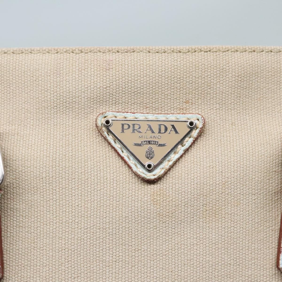 PRADA Hand Bag Canvas Leather Beige Baby Blue Silver Auth 88202