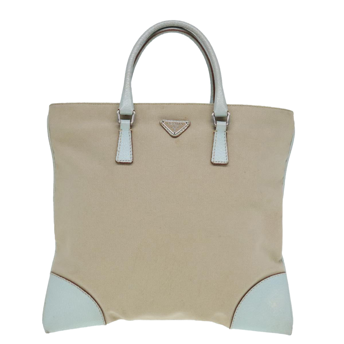 PRADA Hand Bag Canvas Leather Beige Baby Blue Silver Auth 88202