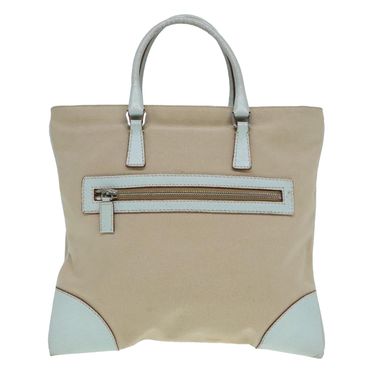 PRADA Hand Bag Canvas Leather Beige Baby Blue Silver Auth 88202 - 0