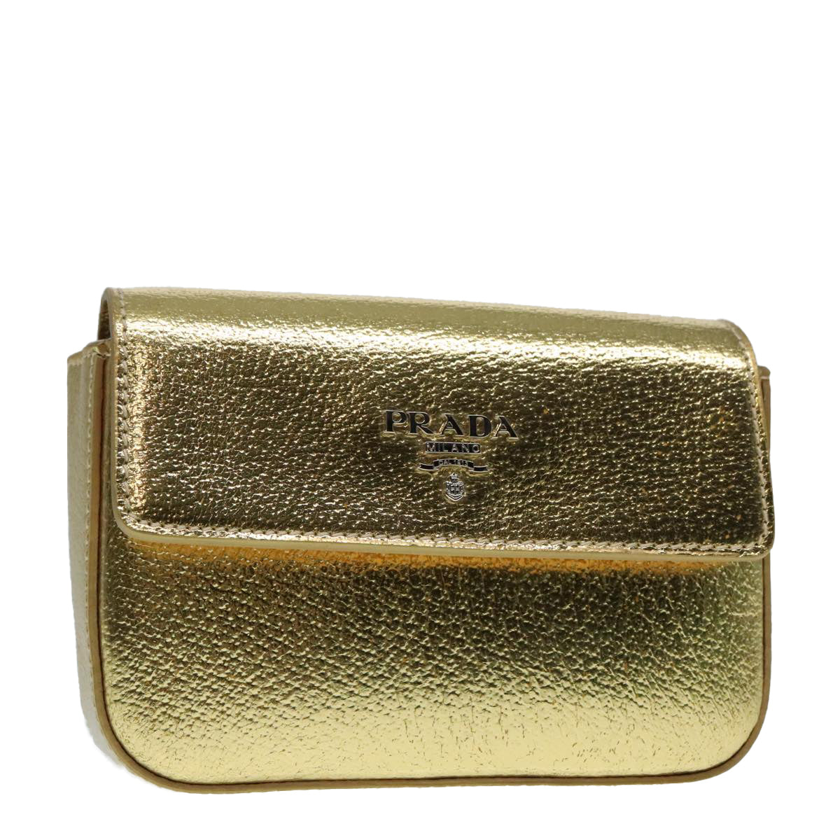 PRADA Accessory Pouch Leather Silver Gold Auth 88214