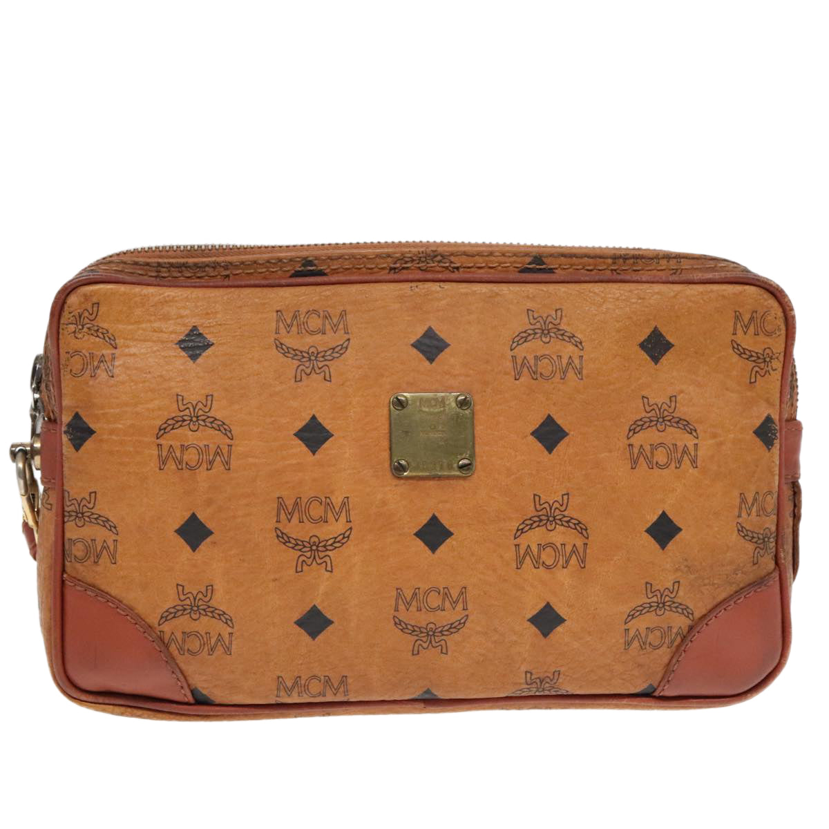 MCM Vicetos Logogram Clutch Bag PVC Leather Brown Gold Auth 88216