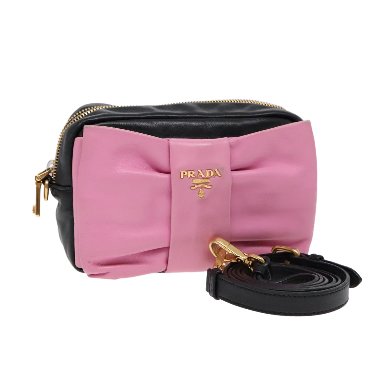 PRADA Ribbon Shoulder Bag Leather Pink Black gold Auth 88221