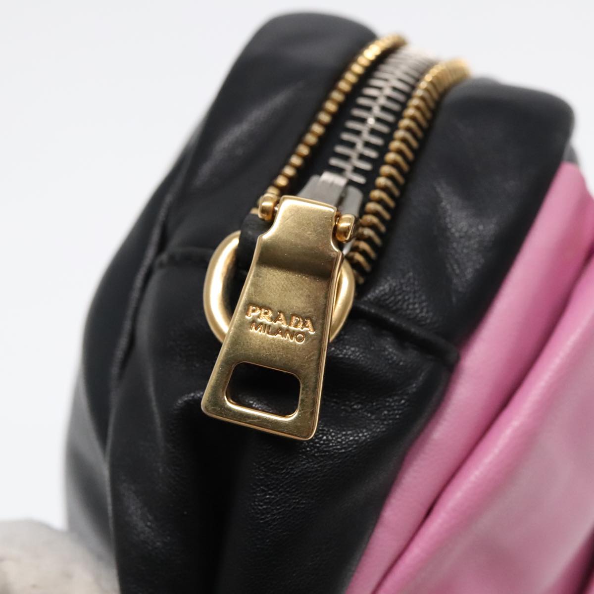 PRADA Ribbon Shoulder Bag Leather Pink Black gold Auth 88221