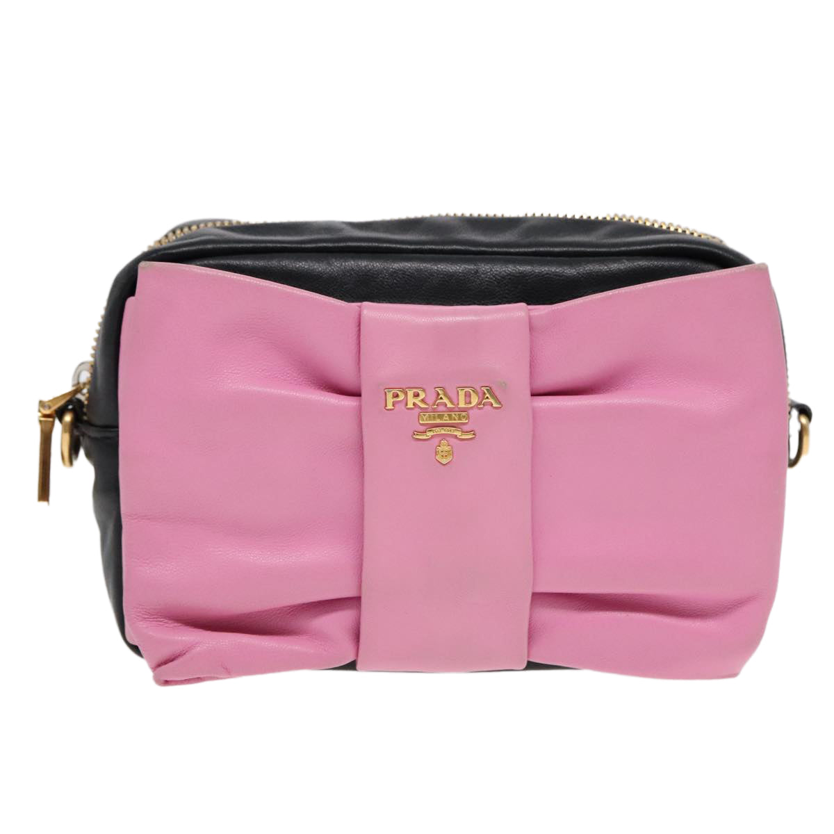 PRADA Ribbon Shoulder Bag Leather Pink Black gold Auth 88221