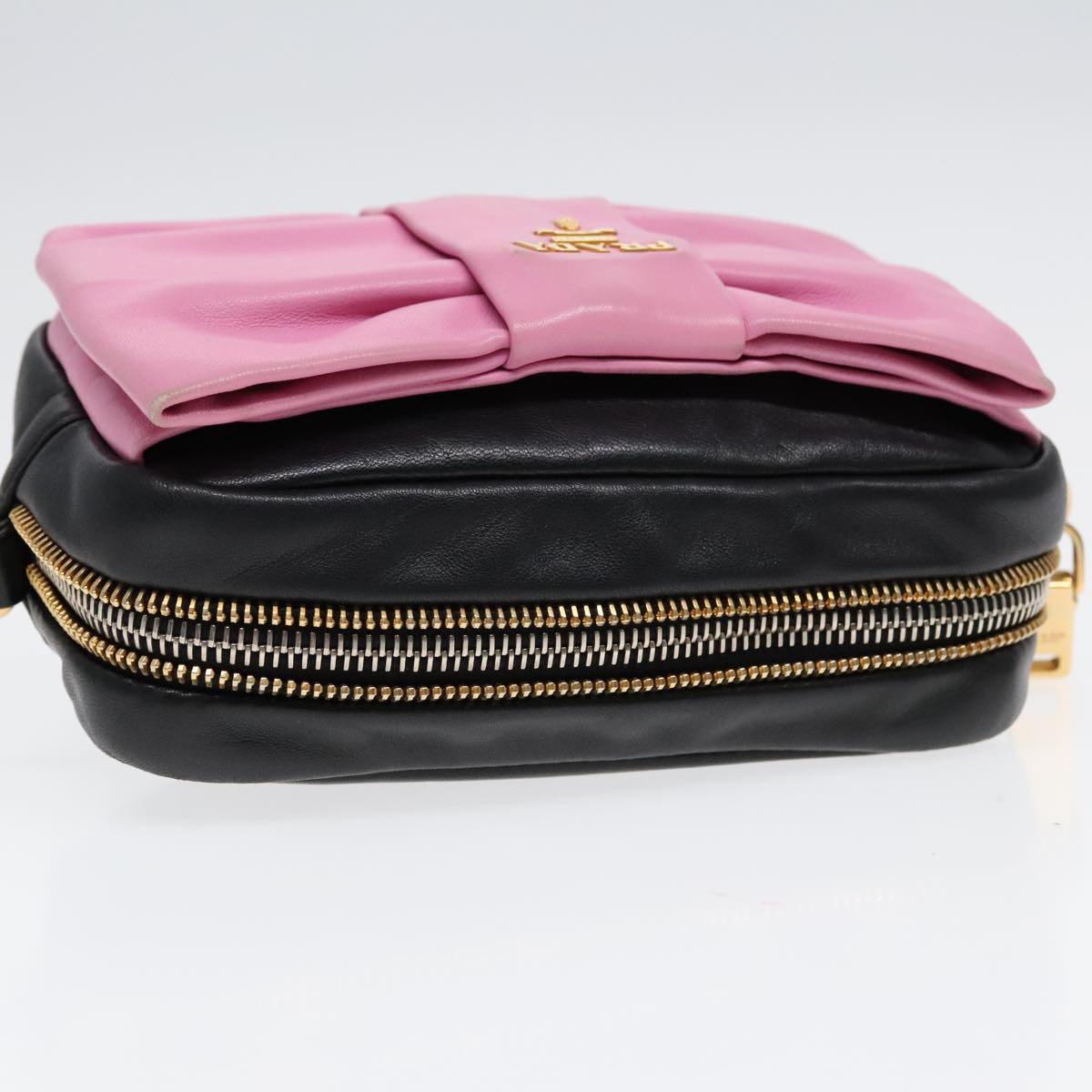 PRADA Ribbon Shoulder Bag Leather Pink Black gold Auth 88221