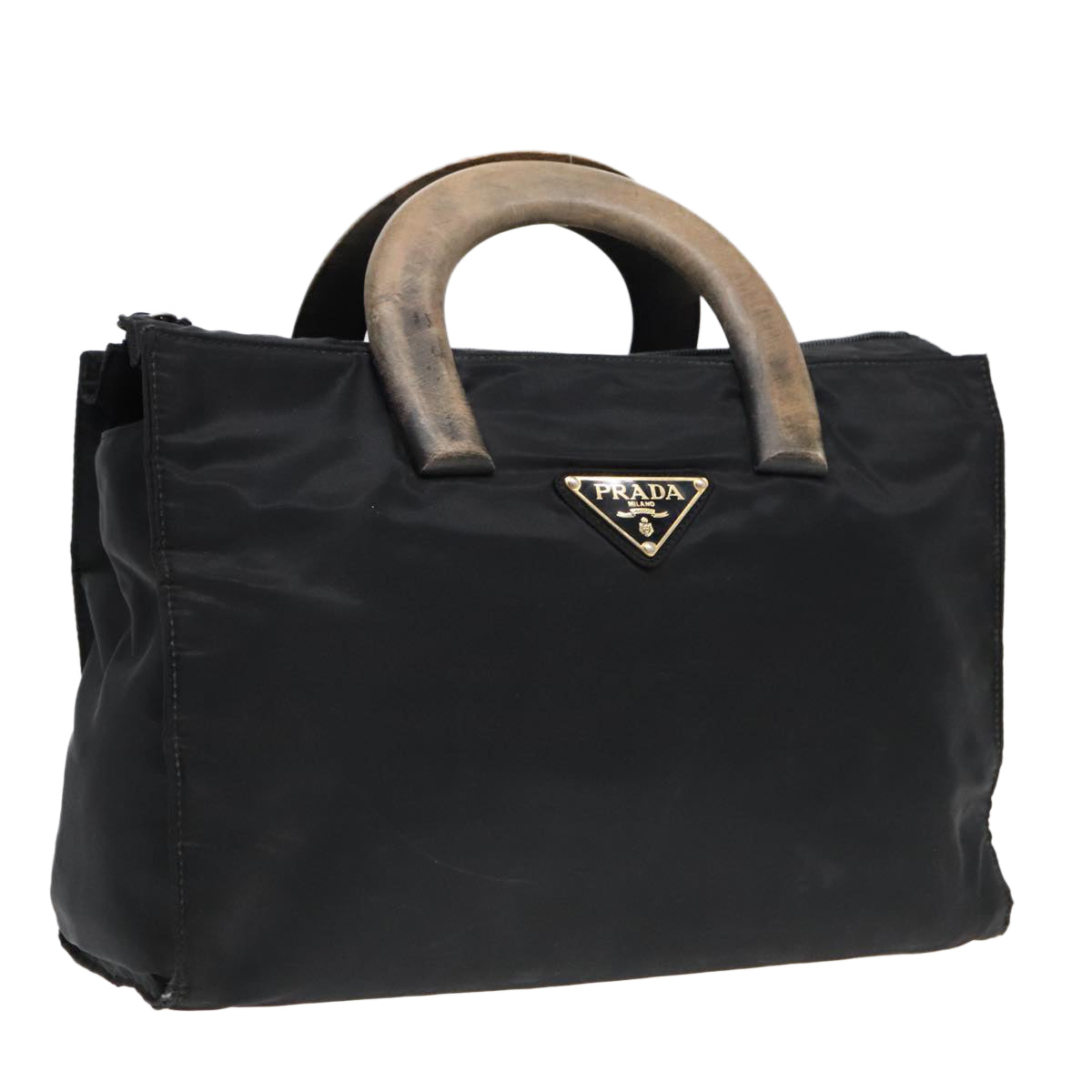 PRADA Wood Hand Bag Nylon Black Silver Auth 88225