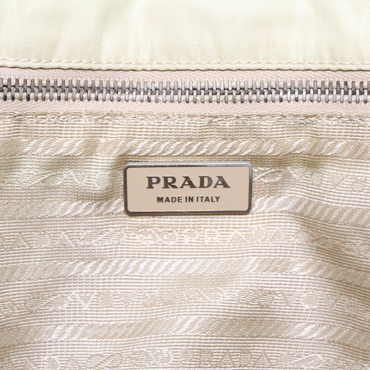 PRADA Tote Bag Nylon Leather Beige Silver Auth 88226