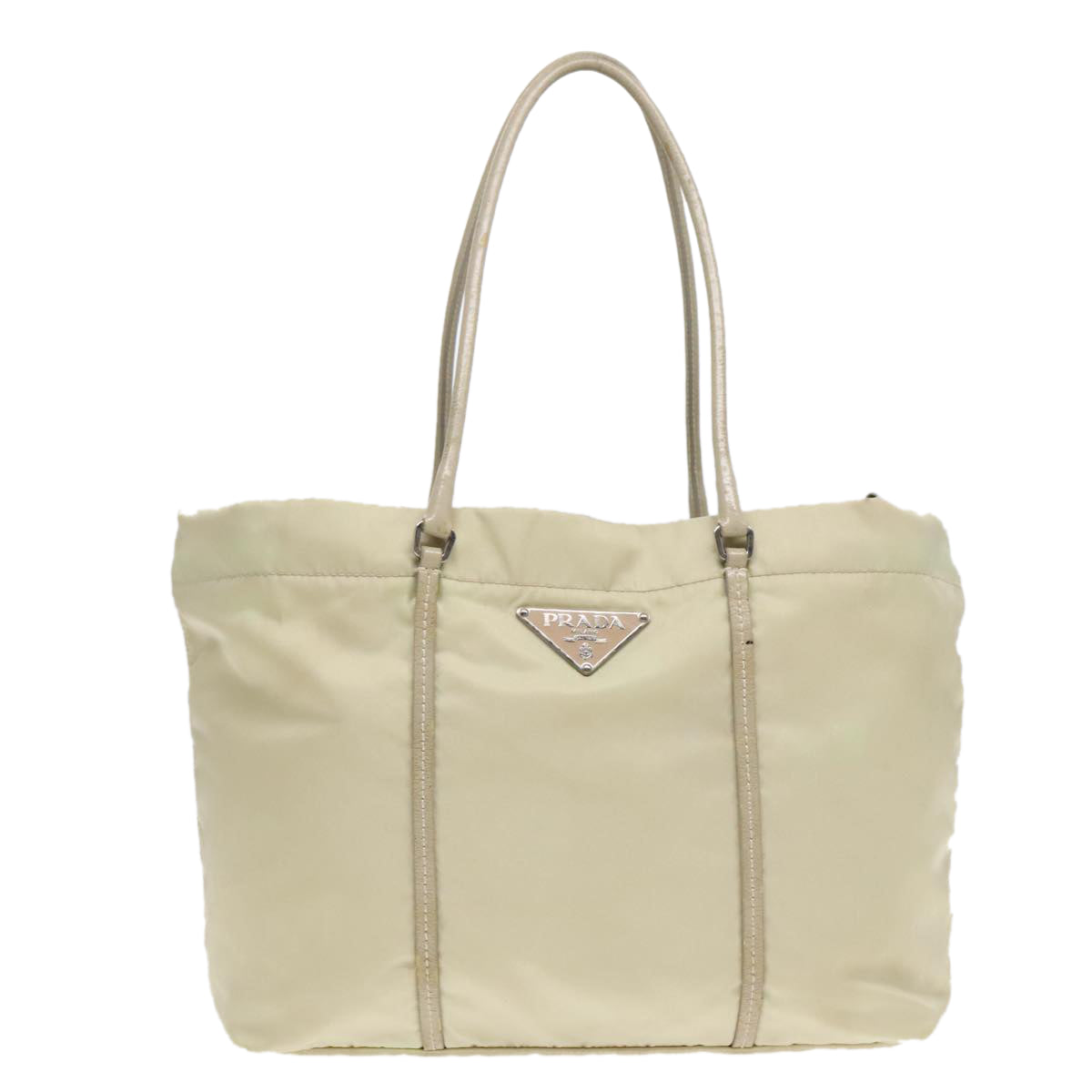 PRADA Tote Bag Nylon Leather Beige Silver Auth 88226 - 0