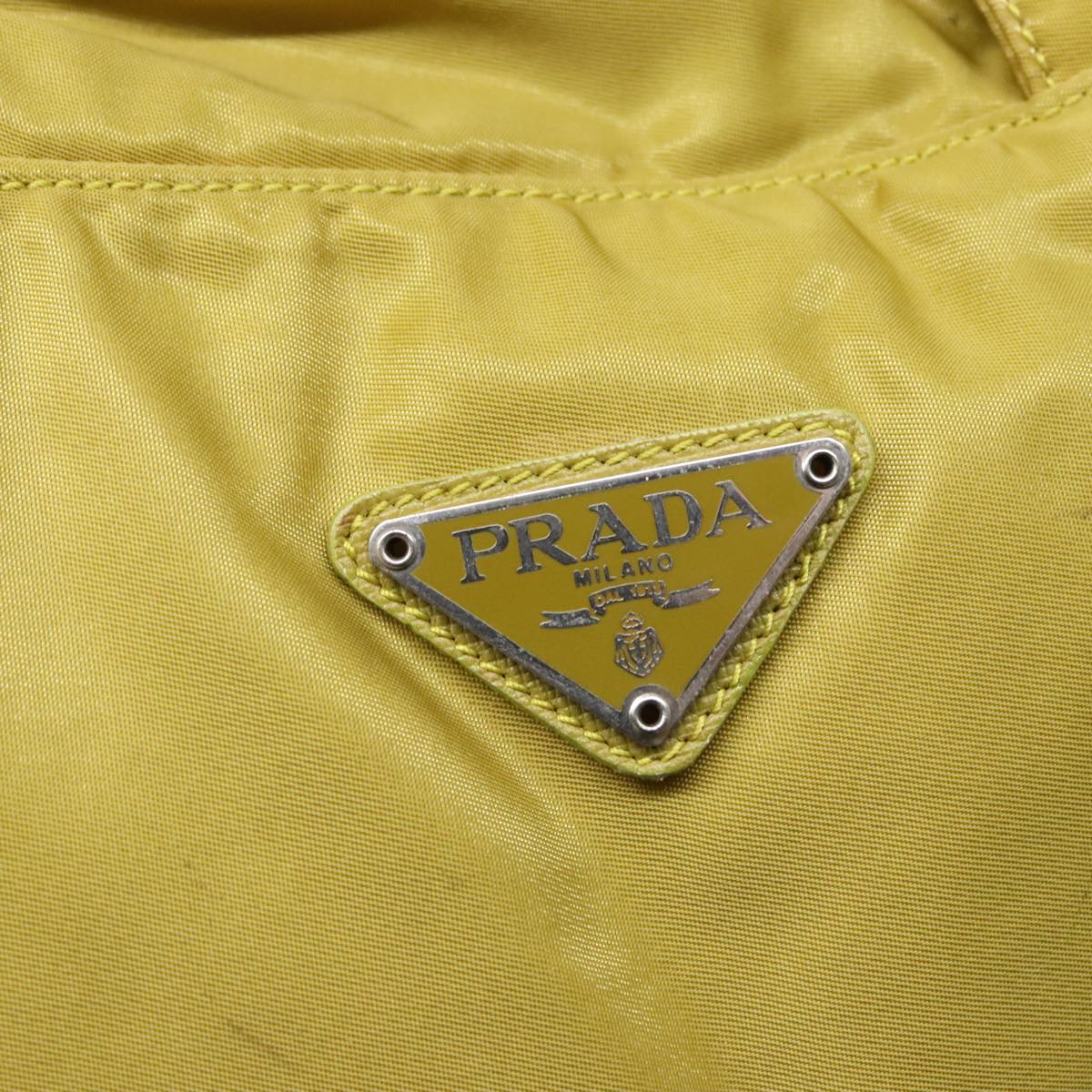 PRADA Hand Bag Nylon Lime Yellow Silver Auth 88227