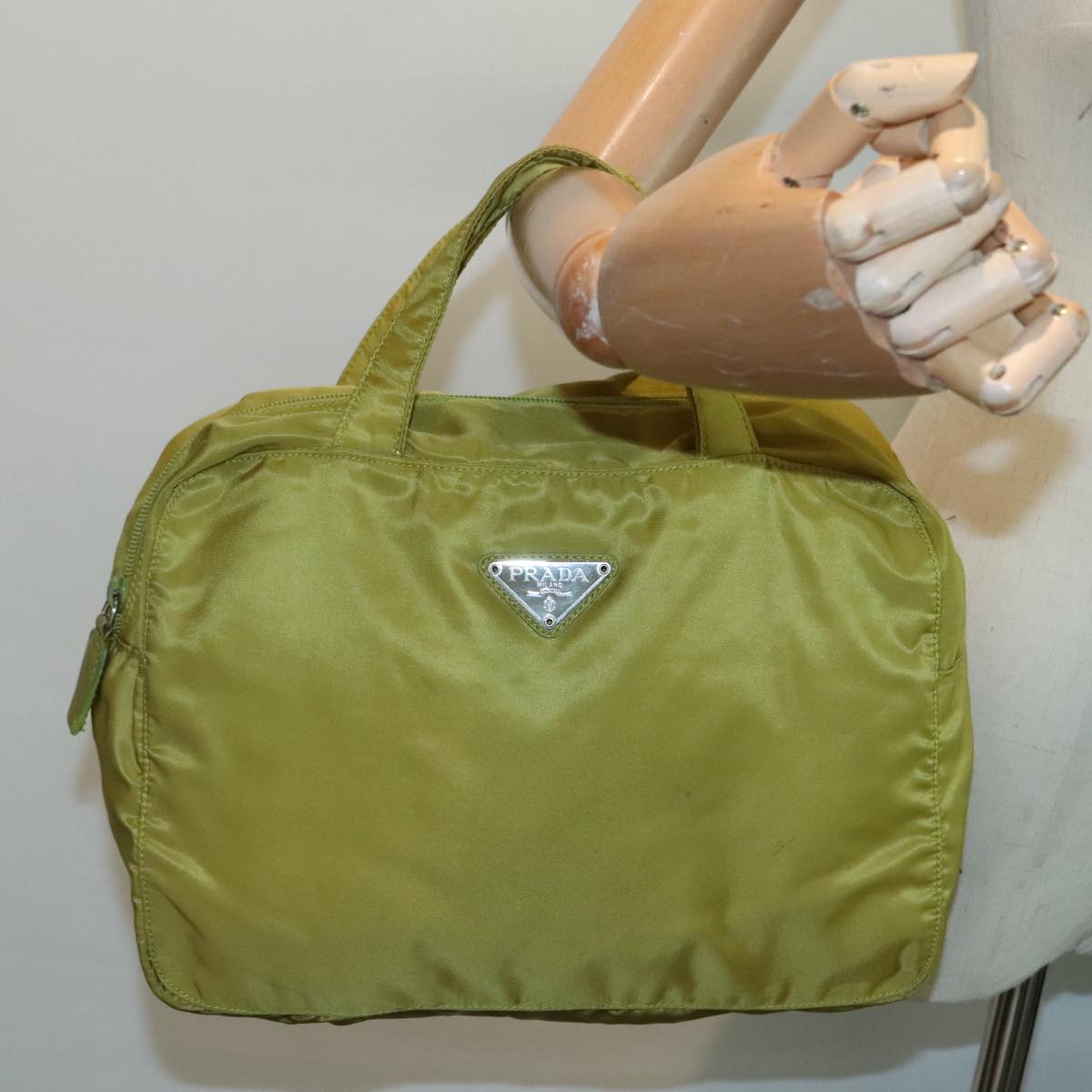 PRADA Hand Bag Nylon Lime Yellow Silver Auth 88227