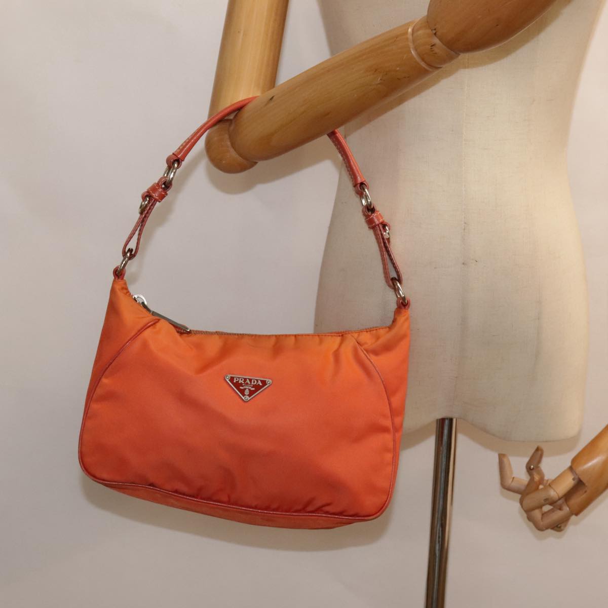 PRADA Shoulder Bag Nylon Orange Silver Auth 88236