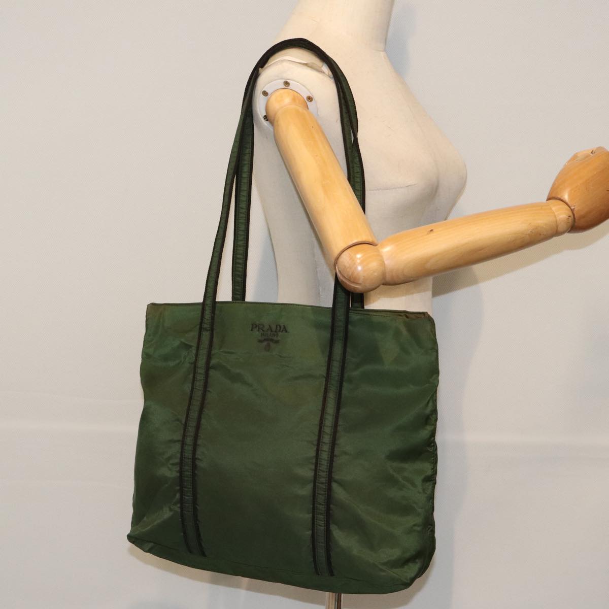 PRADA Tote Bag Nylon Green Silver Auth 88247