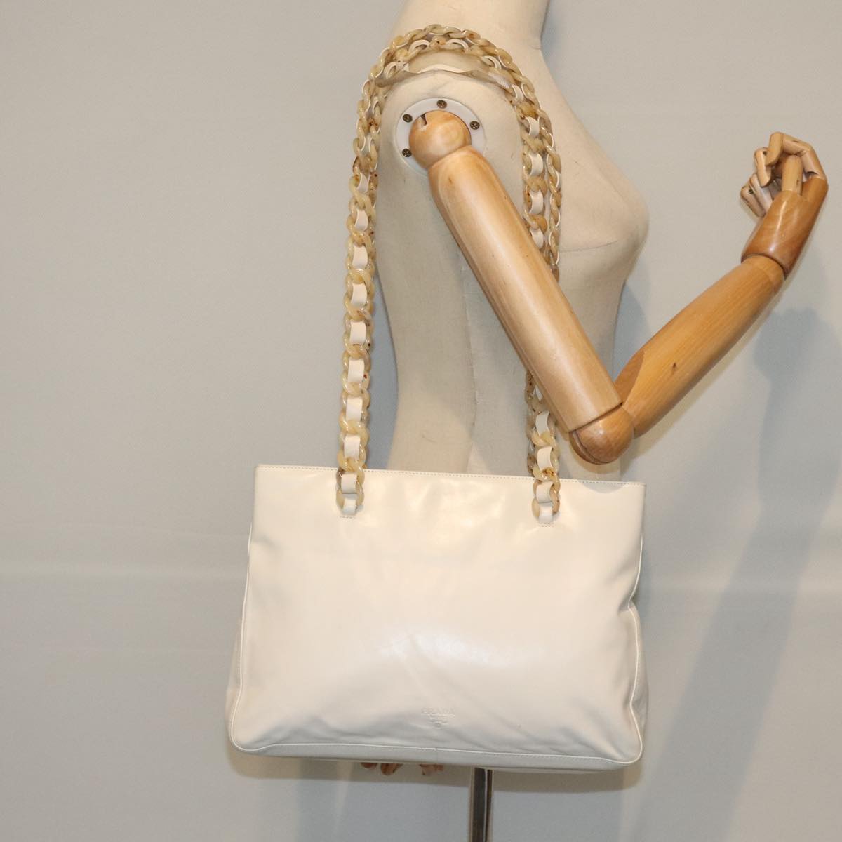 PRADA Chain Tote Bag Leather White Silver Auth 88271