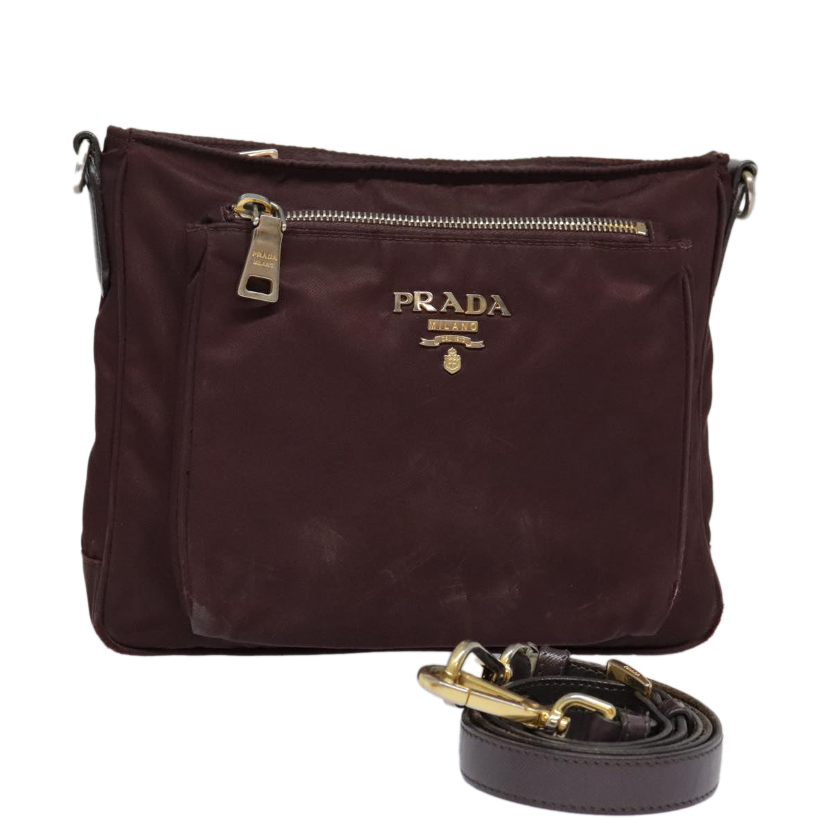 PRADA Shoulder Bag Nylon Wine Red Gold Auth 88278