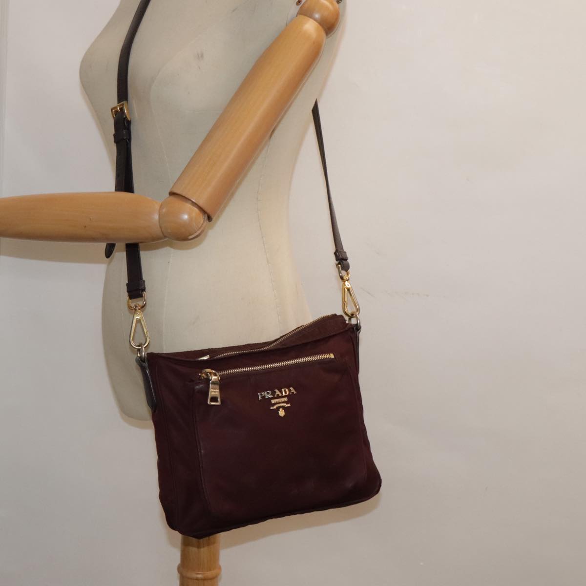 PRADA Shoulder Bag Nylon Wine Red Gold Auth 88278