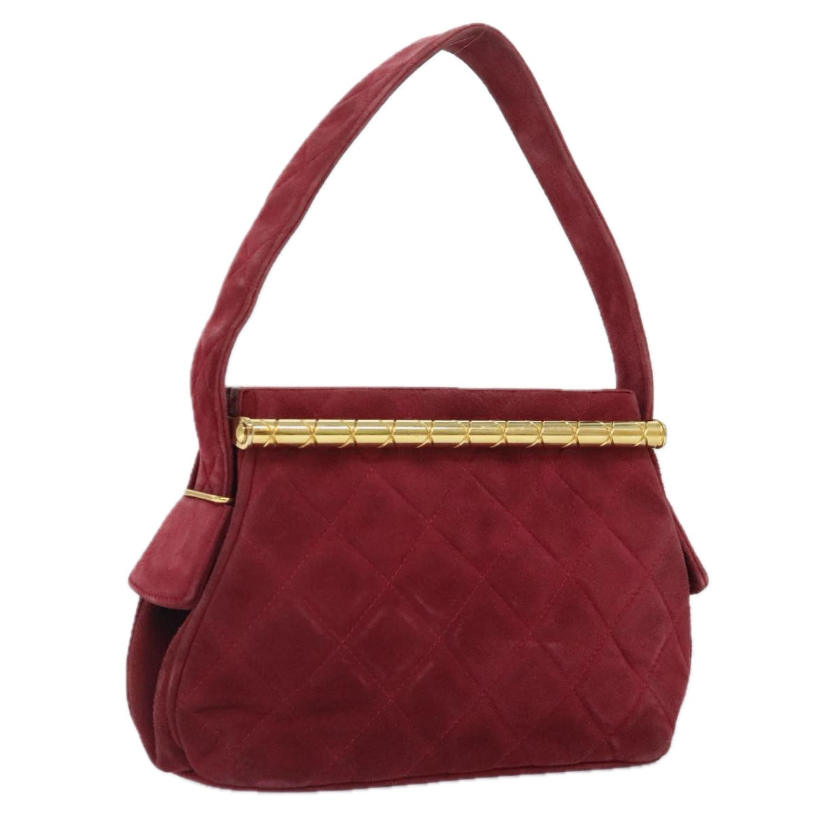 CHANEL Matelasse Hand Bag Suede Red Gold CC Auth 88279