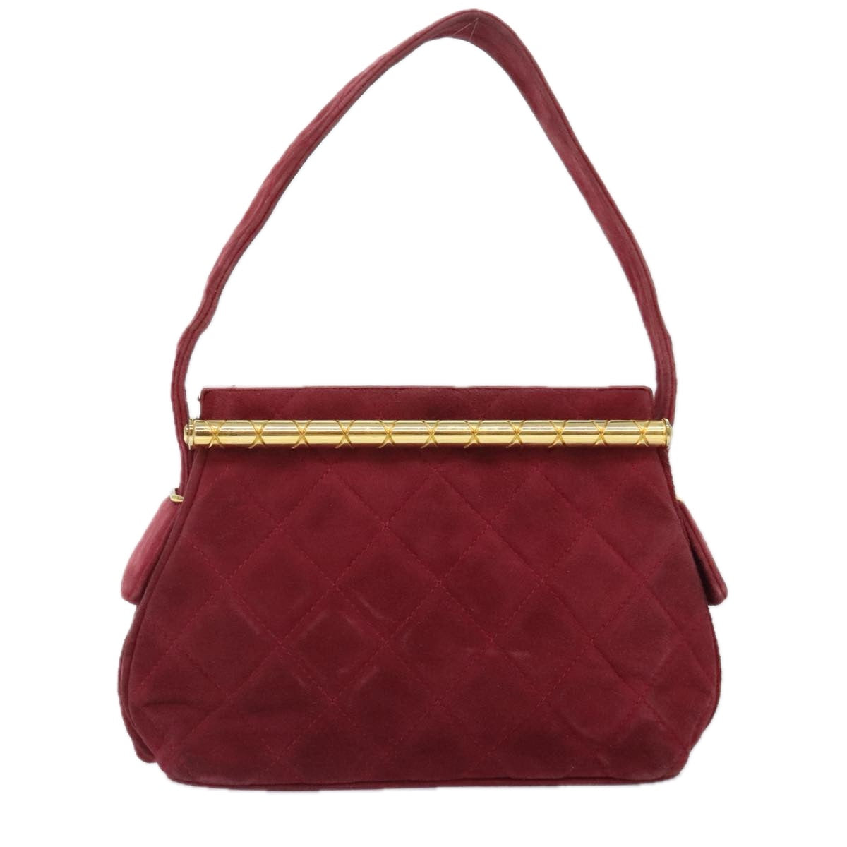 CHANEL Matelasse Hand Bag Suede Red Gold CC Auth 88279