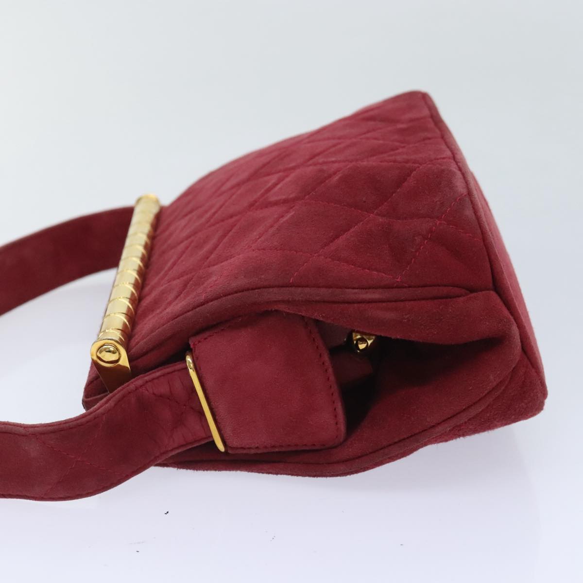 CHANEL Matelasse Hand Bag Suede Red Gold CC Auth 88279