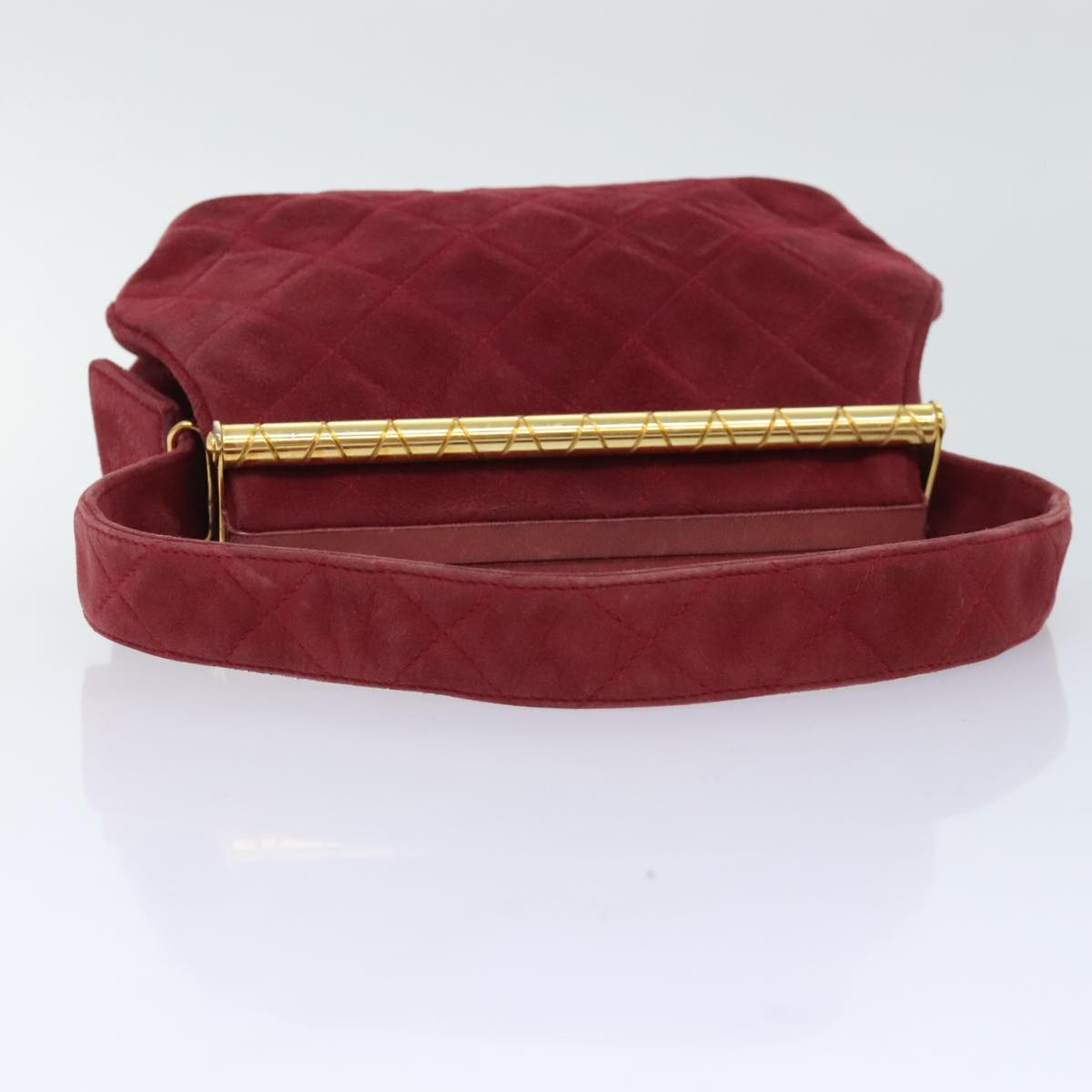 CHANEL Matelasse Hand Bag Suede Red Gold CC Auth 88279