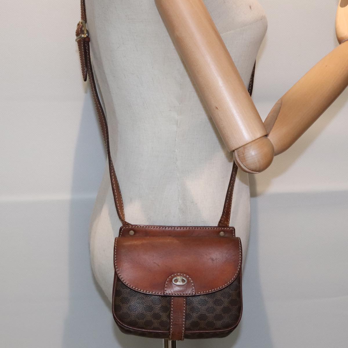 CELINE Macadam Canvas Shoulder Bag PVC Leather Brown Gold Auth 88287