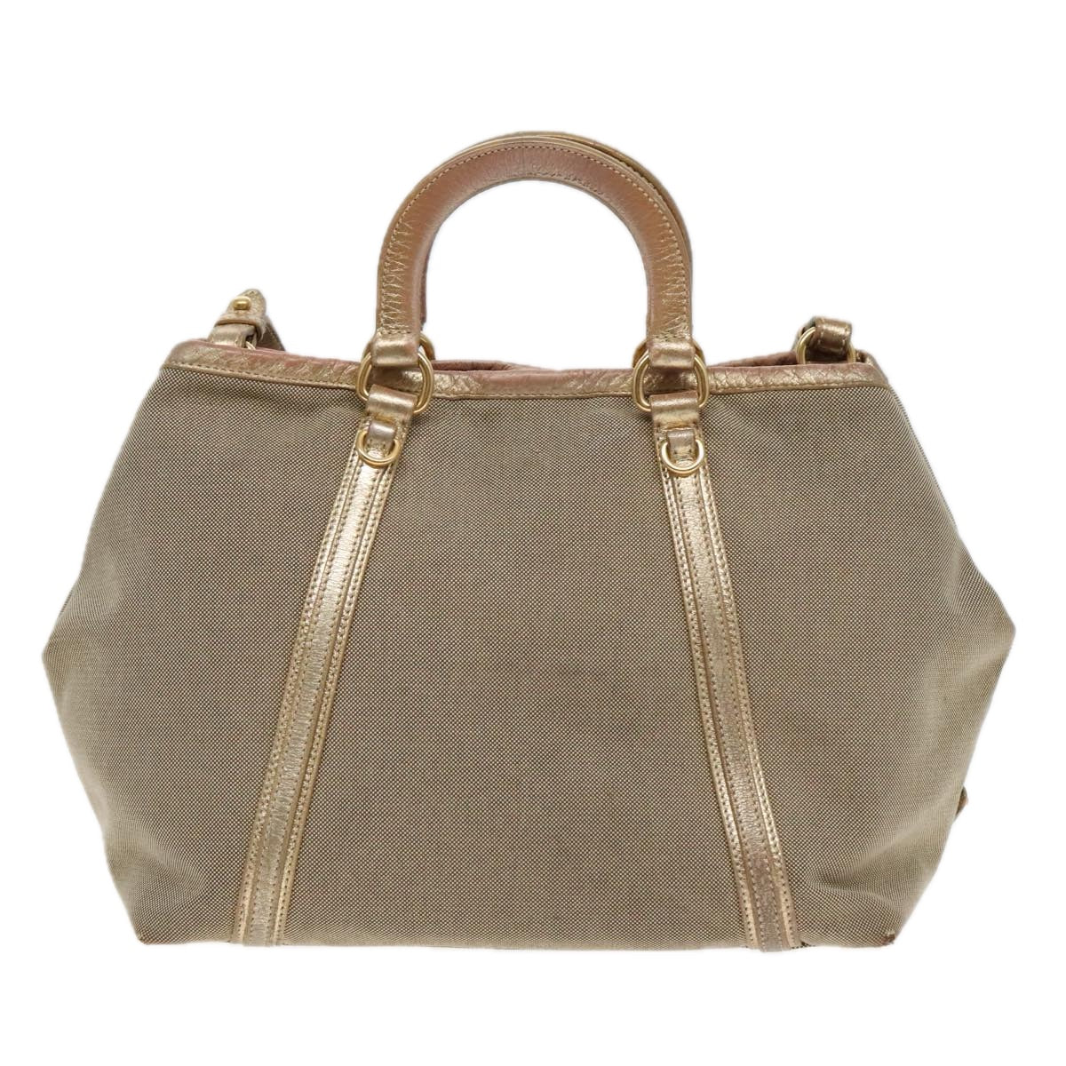 PRADA Hand Bag Canvas 2way Beige Gold Auth 88289 - 0