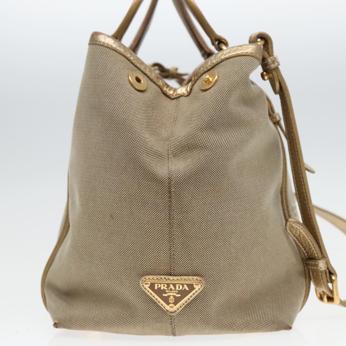 PRADA Hand Bag Canvas 2way Beige Gold Auth 88289