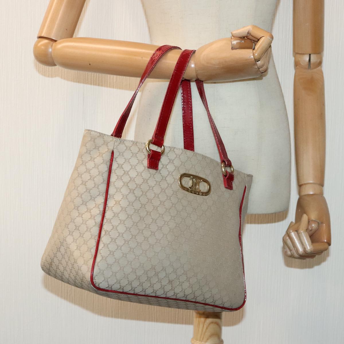 CELINE Macadam Canvas Hand Bag Beige Gold Auth 88290