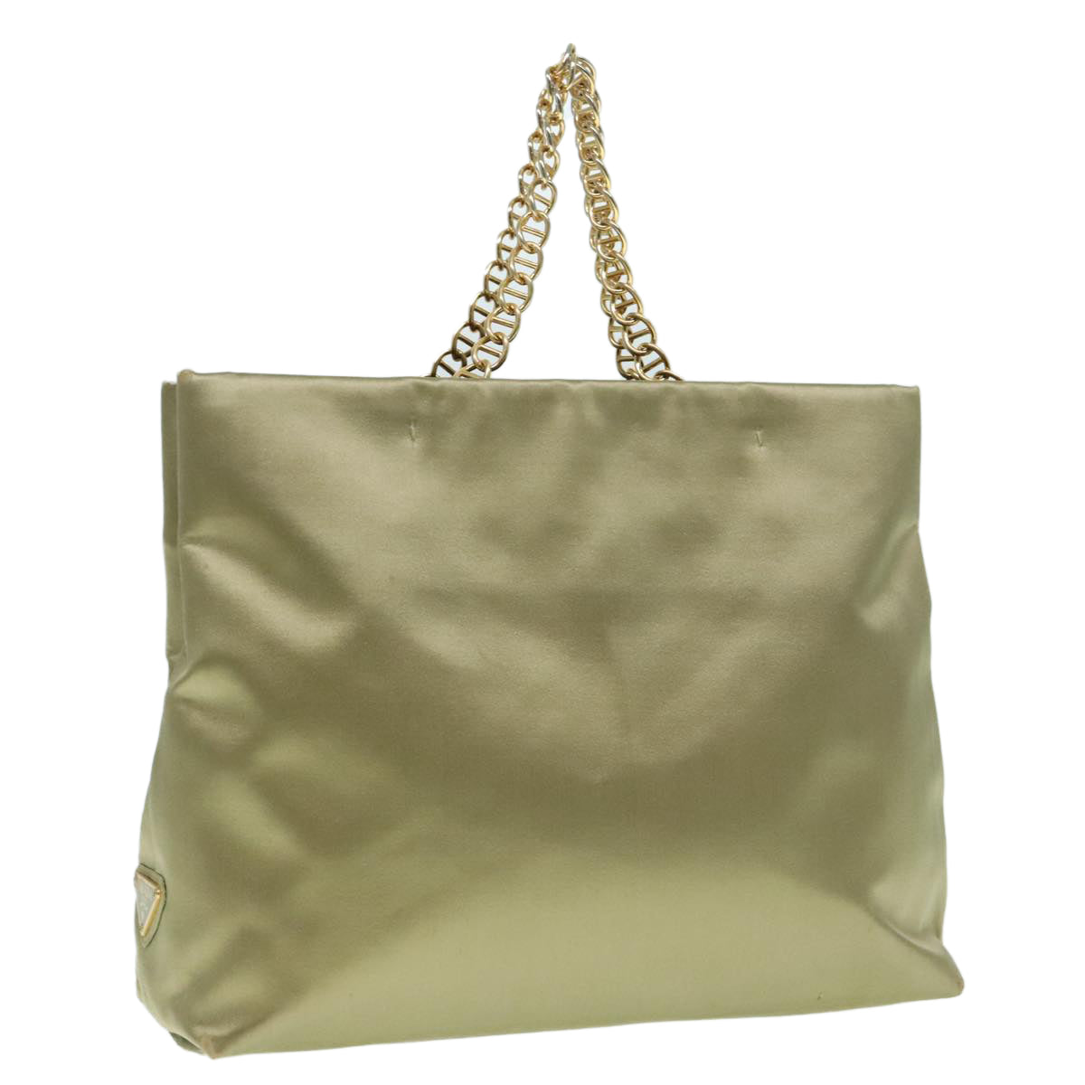 PRADA Chain Hand Bag Satin Khaki Gold Auth 88296