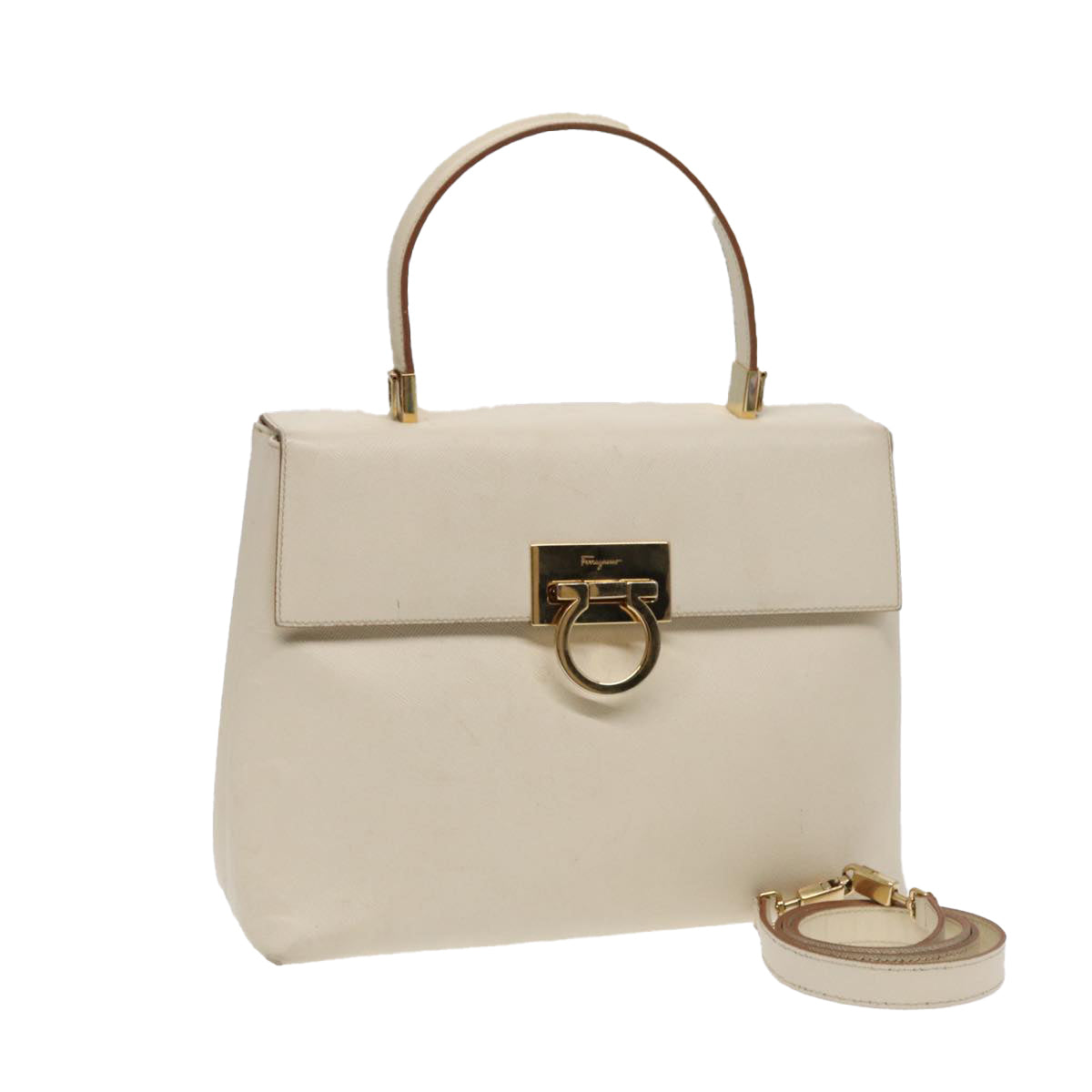 Salvatore Ferragamo Gancini Hand Bag Leather 2way White Gold Auth 88305