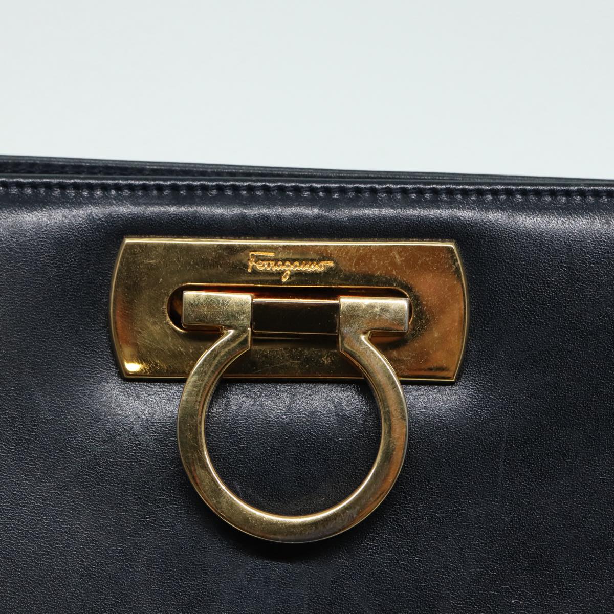 Salvatore Ferragamo Gancini Shoulder Bag Leather Navy Gold Auth 88324