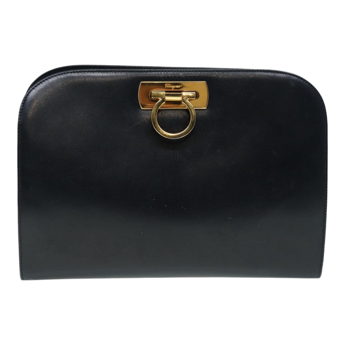 Salvatore Ferragamo Gancini Shoulder Bag Leather Navy Gold Auth 88324