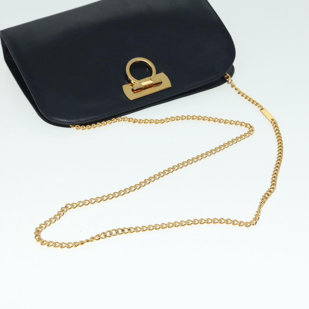 Salvatore Ferragamo Gancini Shoulder Bag Leather Navy Gold Auth 88324