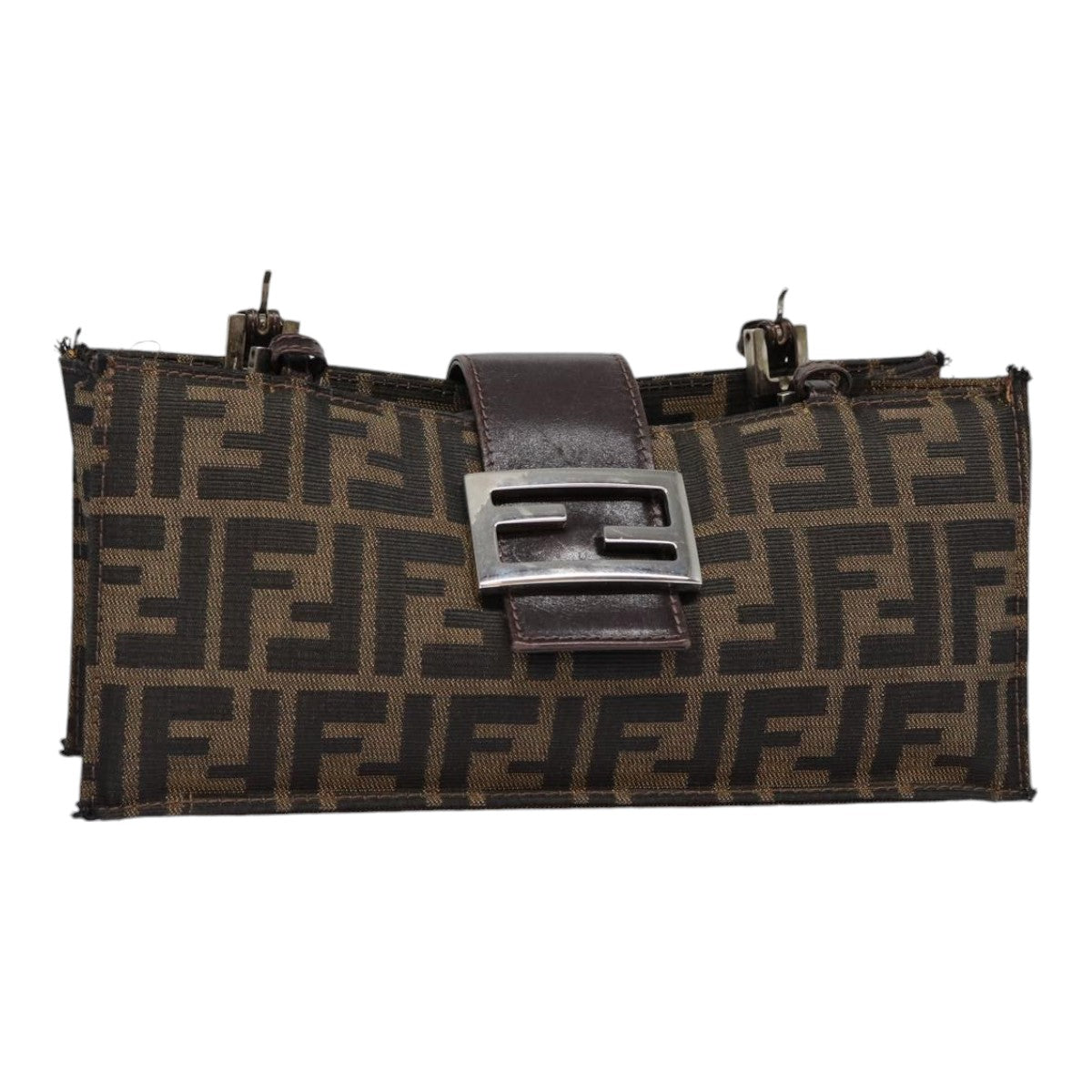 FENDI Zucca Canvas Mamma Baguette Shoulder Bag Brown Black Silver Auth 88343