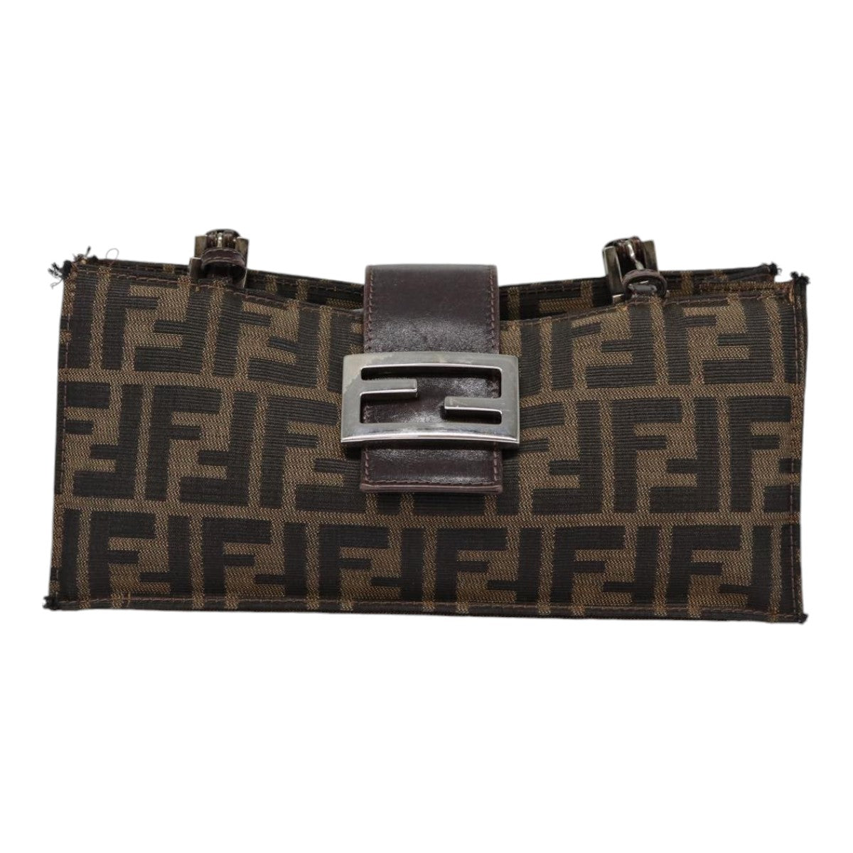 FENDI Zucca Canvas Mamma Baguette Shoulder Bag Brown Black Silver Auth 88343