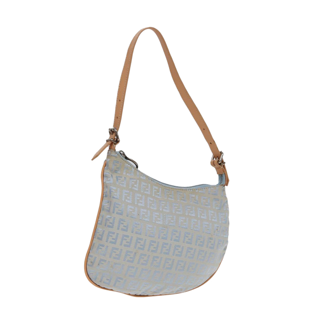 FENDI Zucchino Canvas Shoulder Bag Light Blue Silver Auth 88411