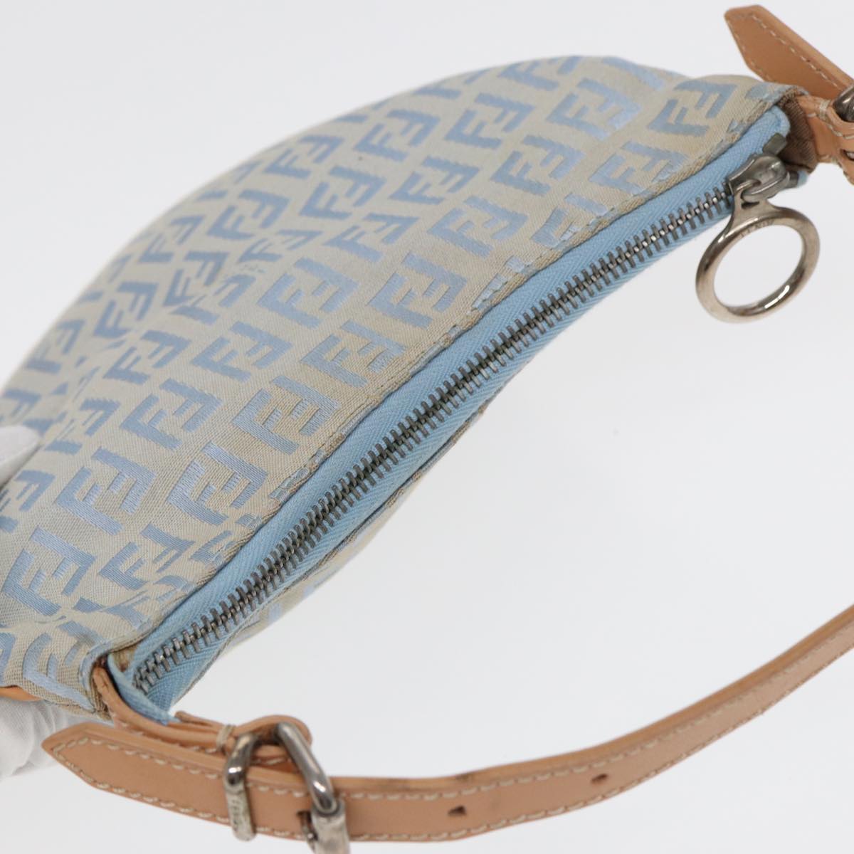 FENDI Zucchino Canvas Shoulder Bag Light Blue Silver Auth 88411