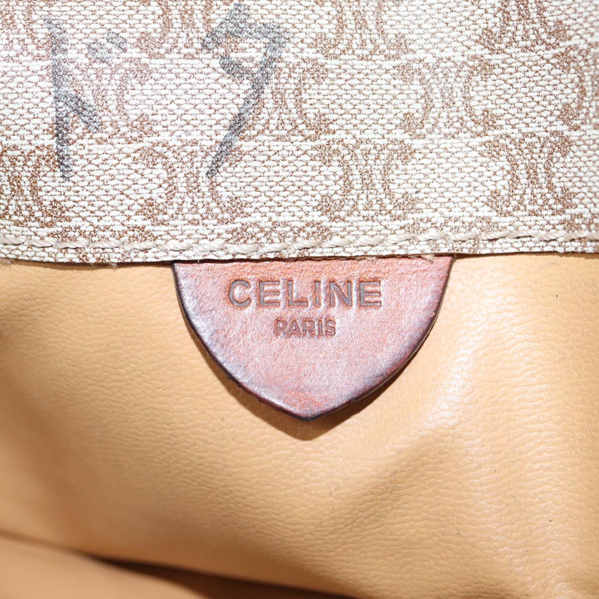 CELINE Macadam Canvas Shoulder Bag PVC Leather Beige Auth 88413