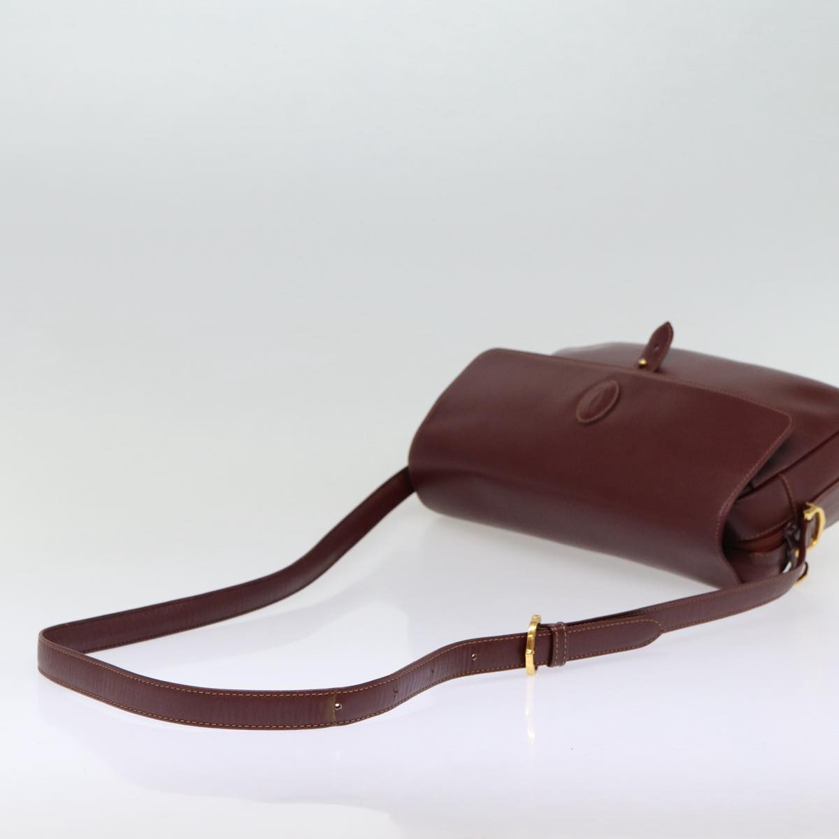 CARTIER Shoulder Bag Leather Bordeaux Gold Auth 88460