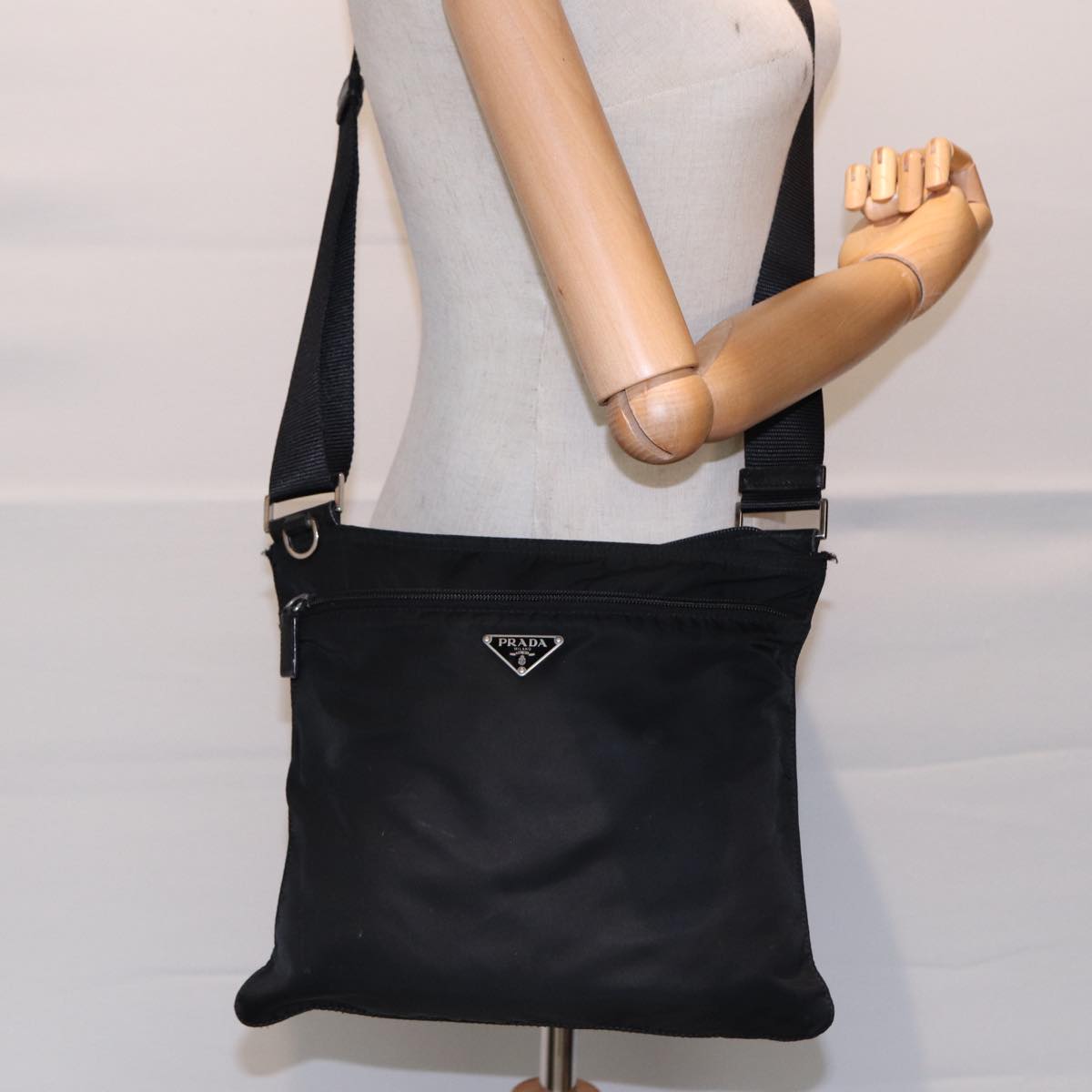 PRADA Shoulder Bag Nylon Black Silver Auth 88470