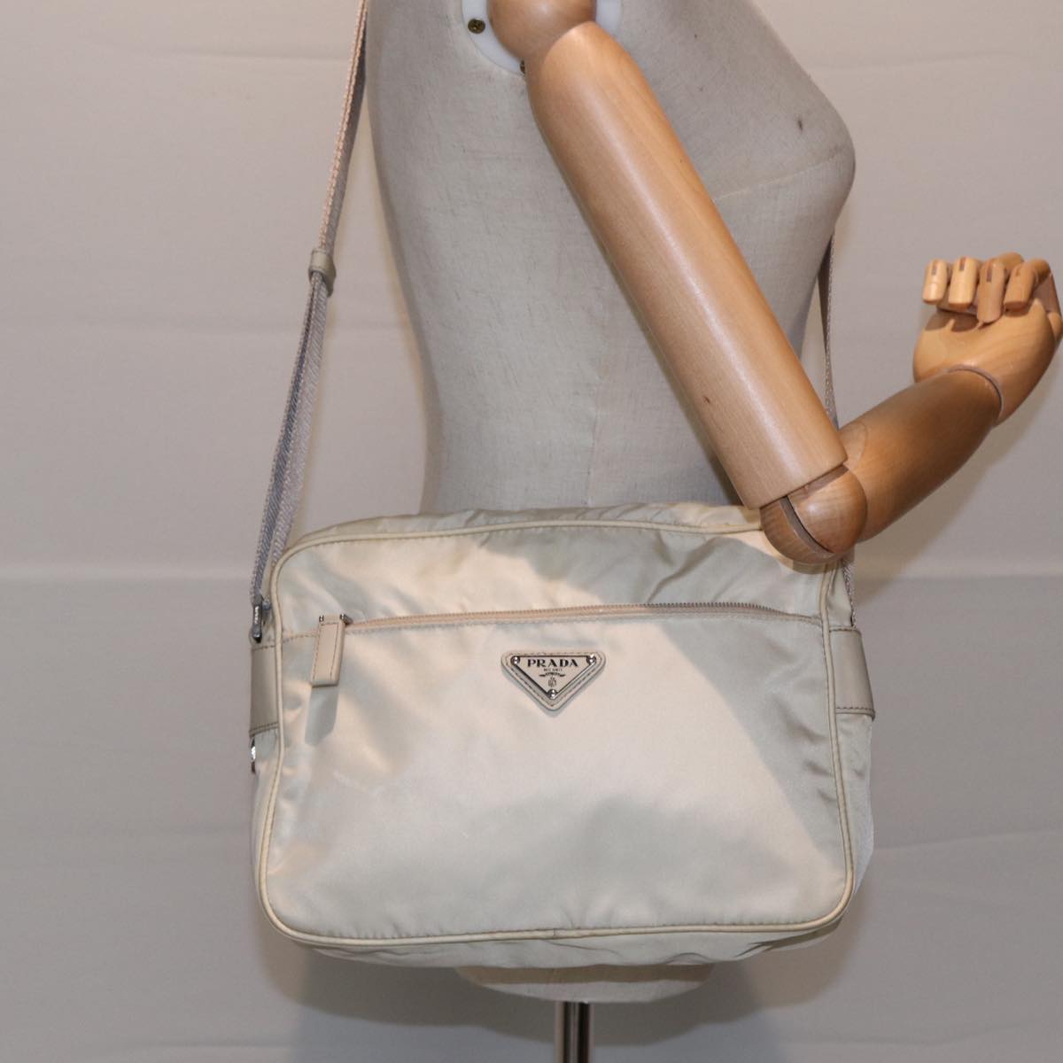 PRADA Shoulder Bag Nylon White Silver Auth 88471