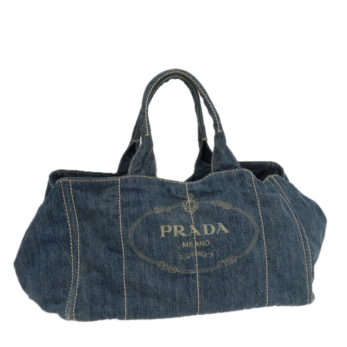 PRADA Canapa GM Hand Bag Denim Blue Gold Auth 88472