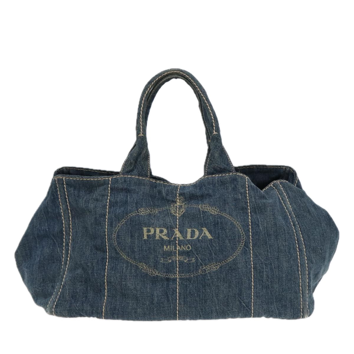 PRADA Canapa GM Hand Bag Denim Blue Gold Auth 88472