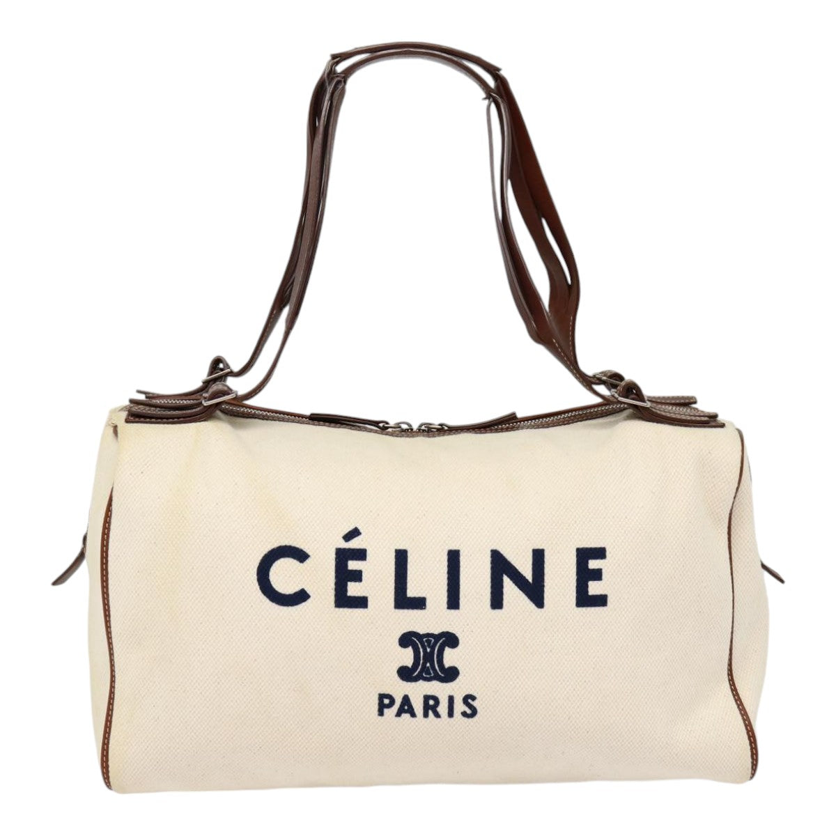 CELINE Boston Bag Canvas White Silver Auth 88479