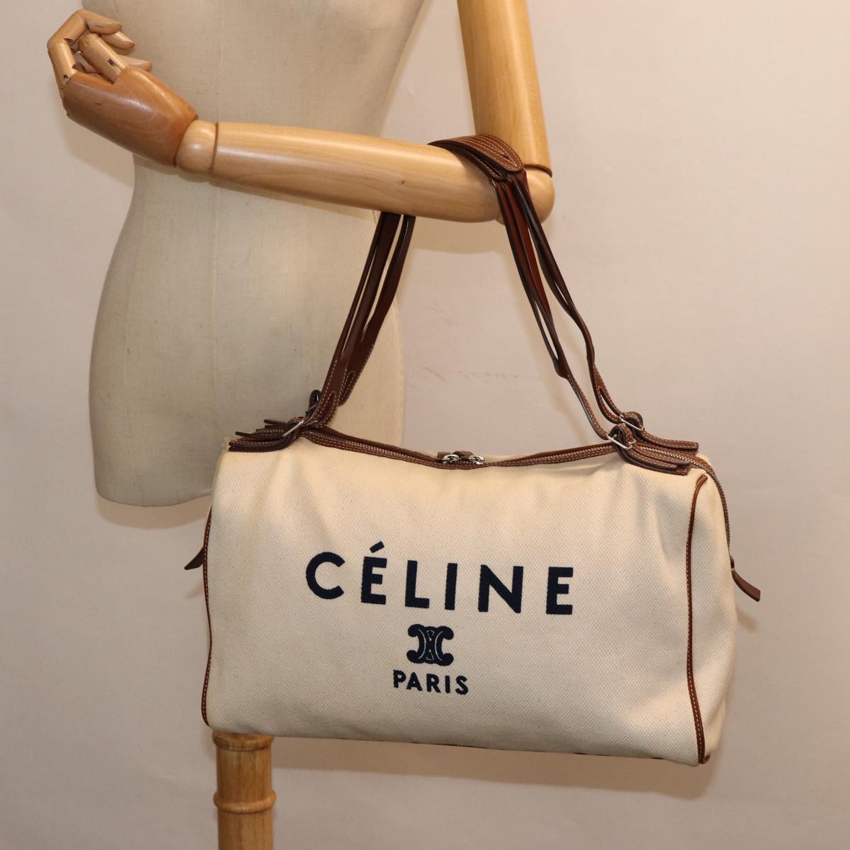 CELINE Boston Bag Canvas White Silver Auth 88479