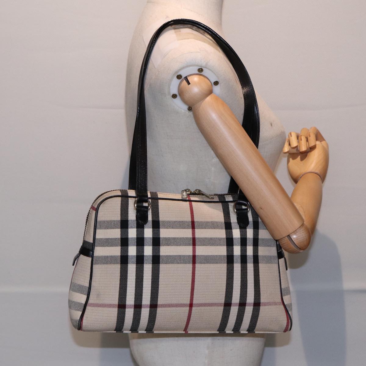 BURBERRY Nova Check Shoulder Bag Canvas Beige Gold Auth 88489