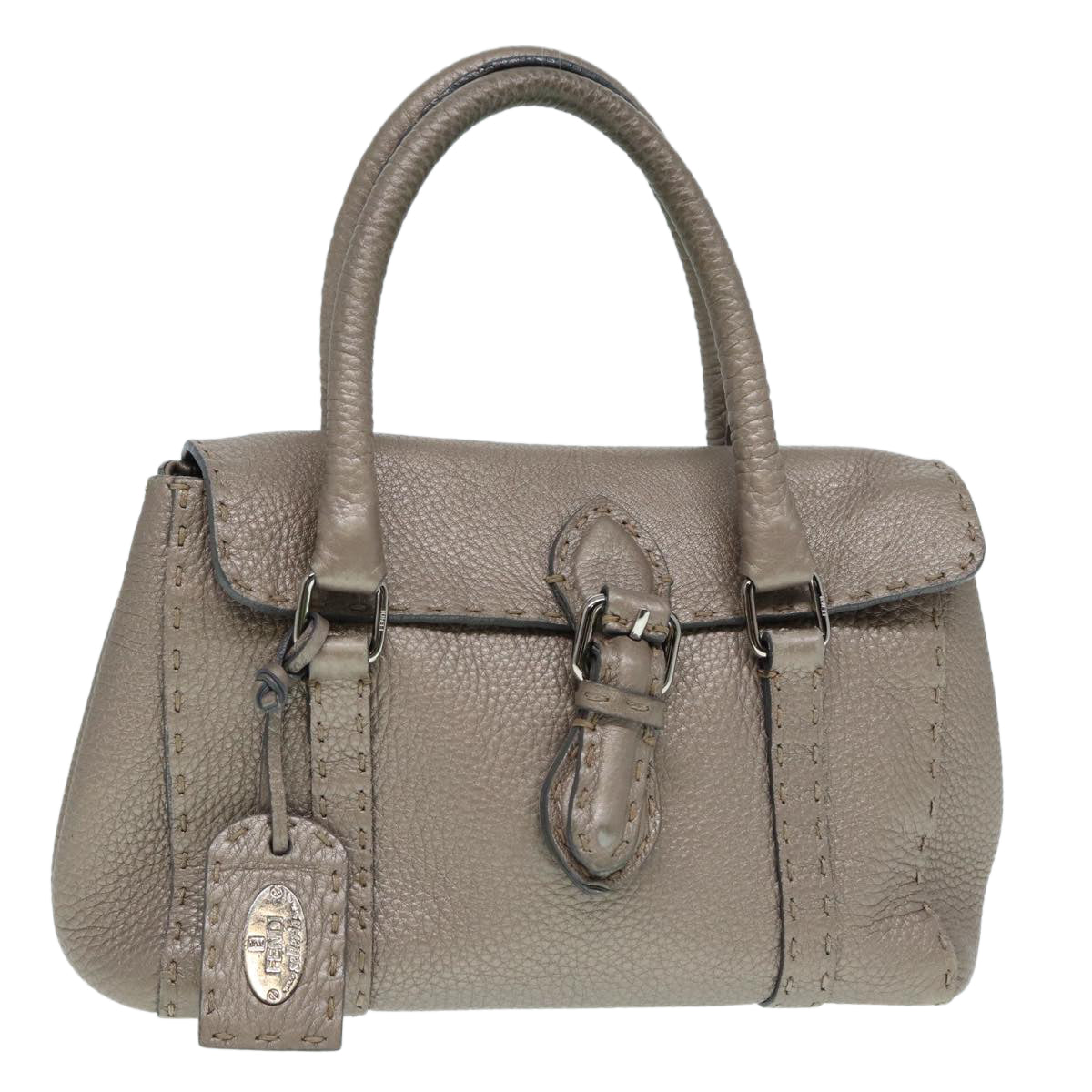 FENDI Celeria Hand Bag Leather Silver Auth 88496